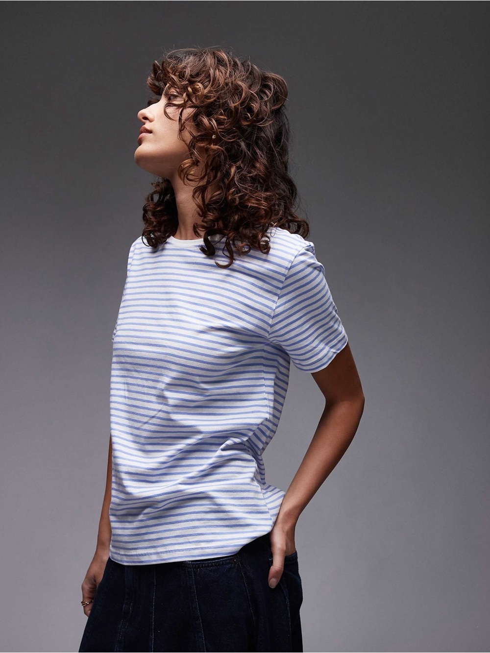 Mango Classic Women's White & Light Blue Striped Crewneck Tee